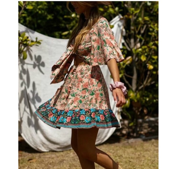 Boho Floral Print Front Tie butterfly sleeve Dress - Picture 6 of 9